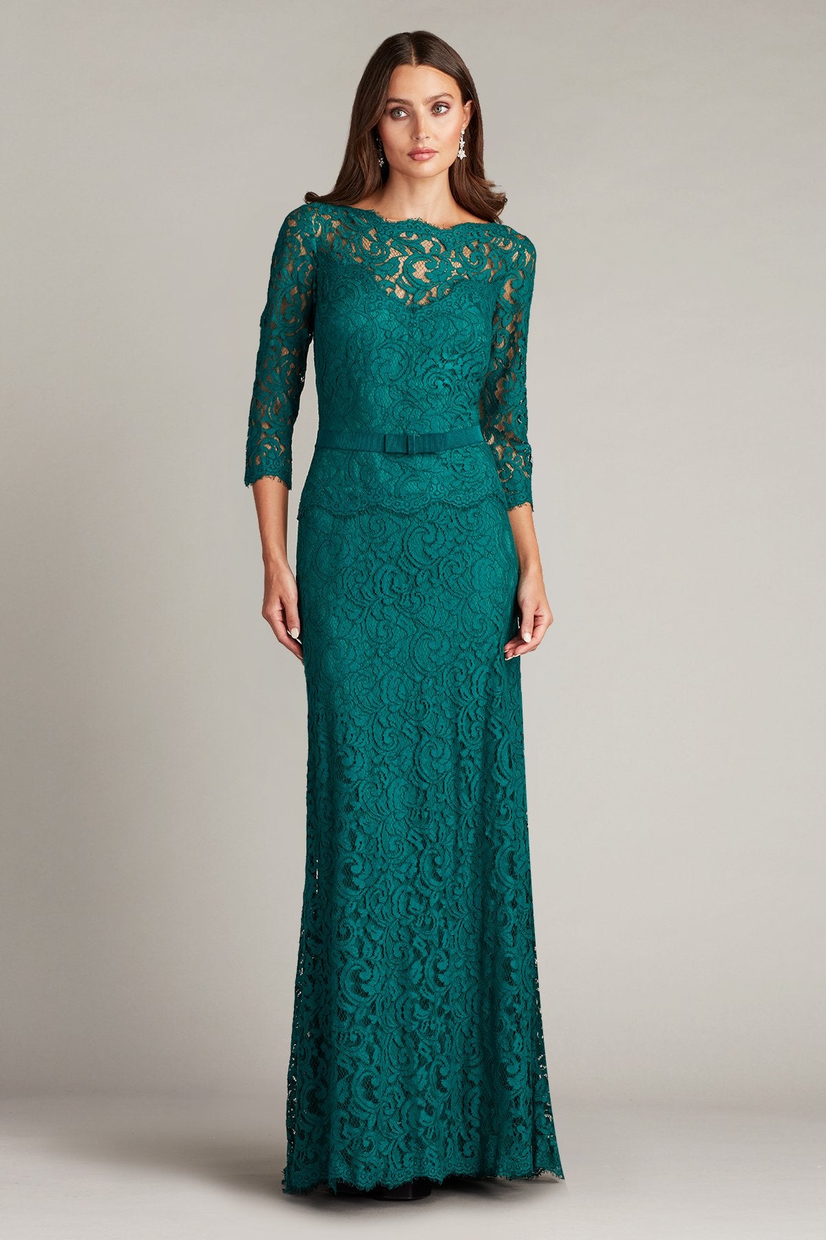 Amberly Belted Lace ¾ Sleeve Gown