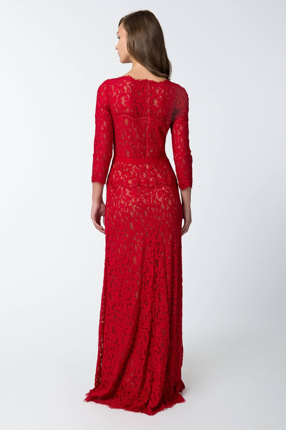 Lace Boatneck ¾ Sleeve Gown with Grosgrain Ribbon Belt in Flame / Nude