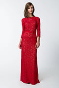 Lace Boatneck ¾ Sleeve Gown with Grosgrain Ribbon Belt in Flame / Nude