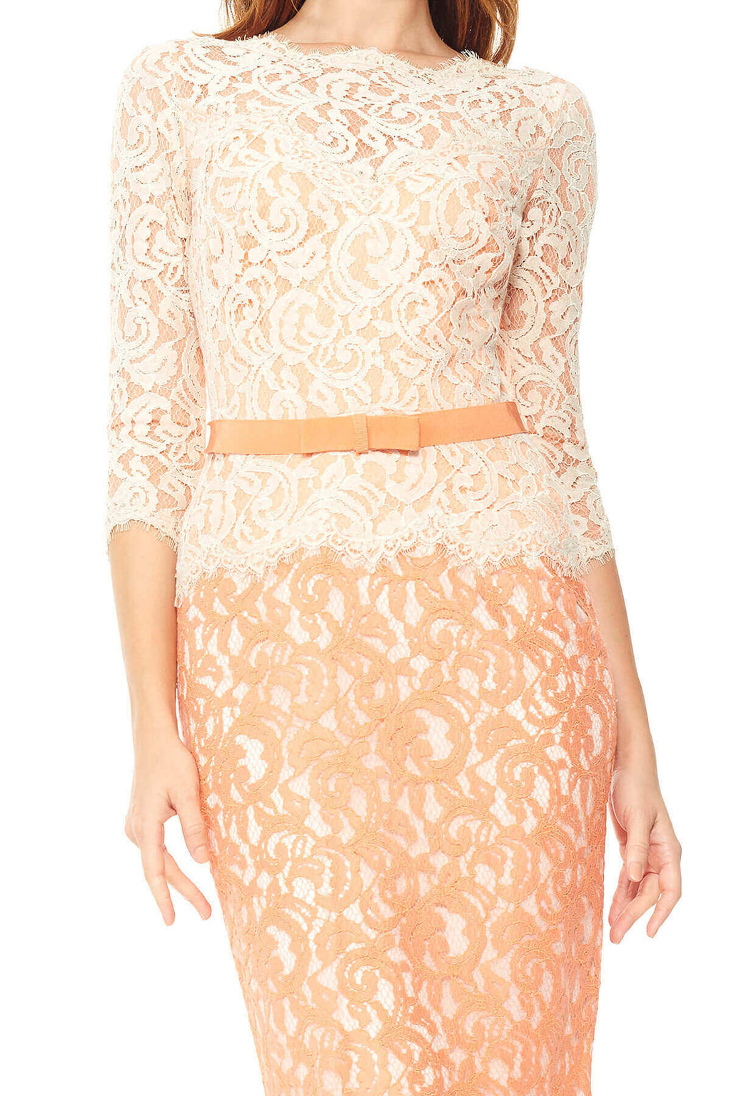 Lace ¾ Sleeve Dress with Grosgrain Ribbon Belt