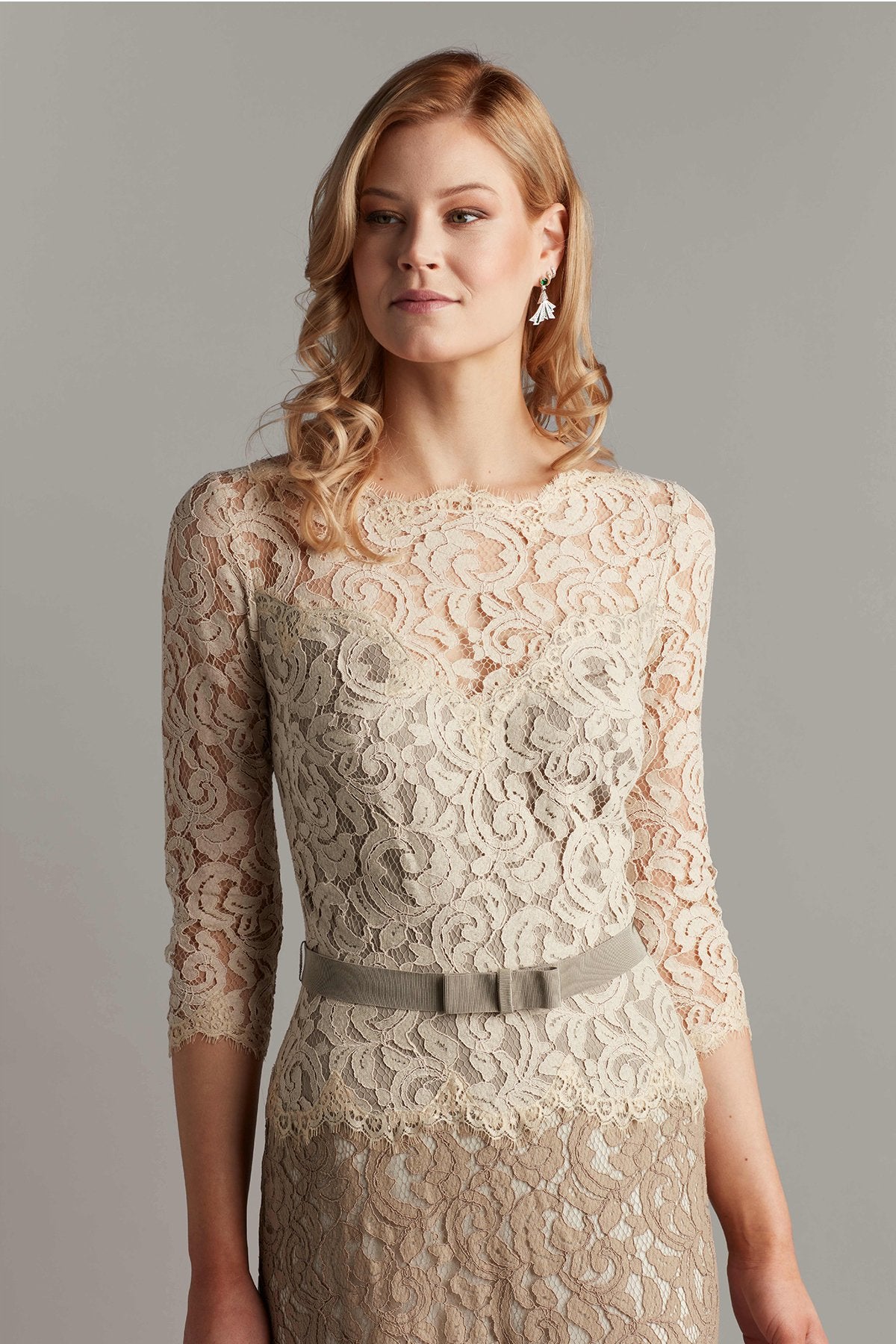 Amberly Belted Lace ¾ Sleeve Gown – Tadashi Shoji Official Online