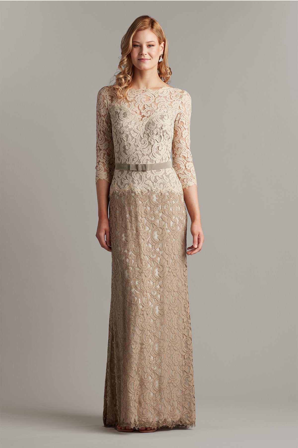 Amberly Belted Lace ¾ Sleeve Gown – Tadashi Shoji Official Online