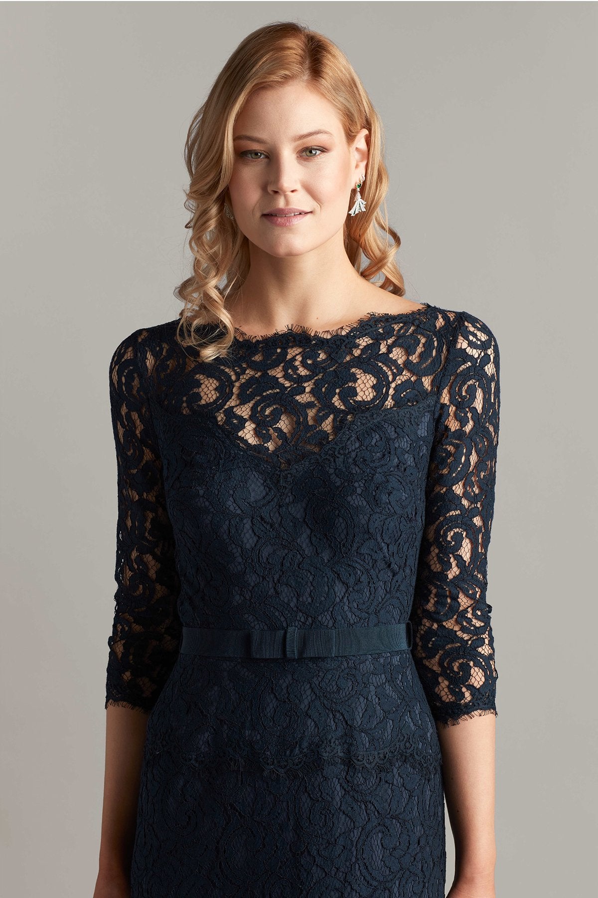 Lace _ Sleeve Gown with Grosgrain Ribbon Belt