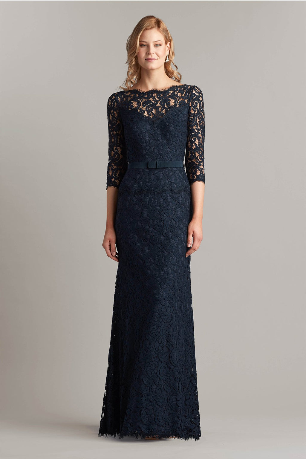 Lace _ Sleeve Gown with Grosgrain Ribbon Belt
