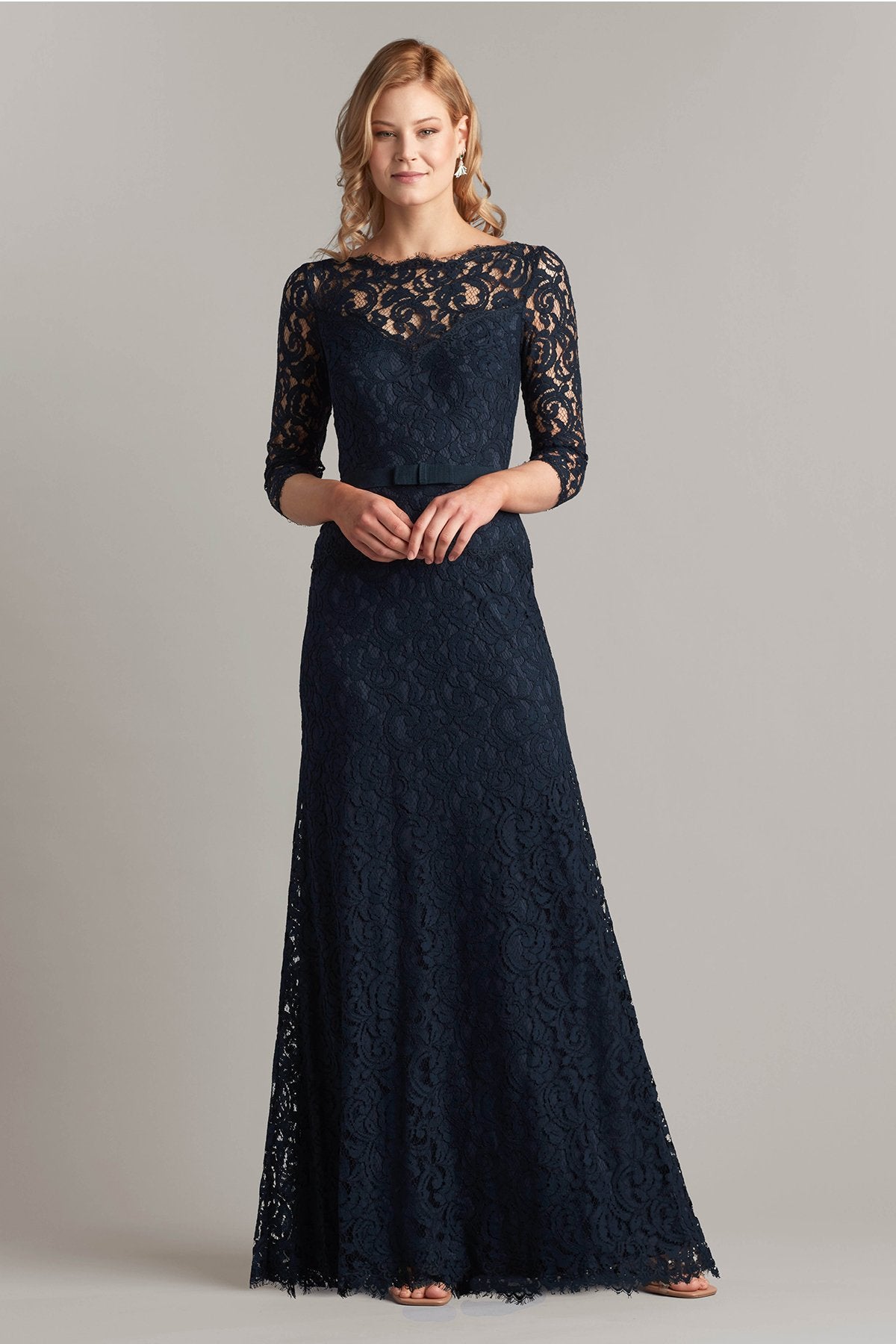 Lace _ Sleeve Gown with Grosgrain Ribbon Belt