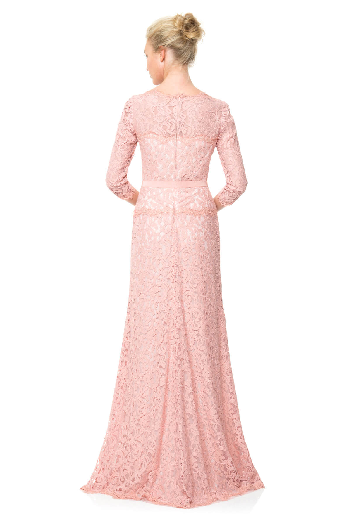 Amberly Belted Lace ¾ Sleeve Gown