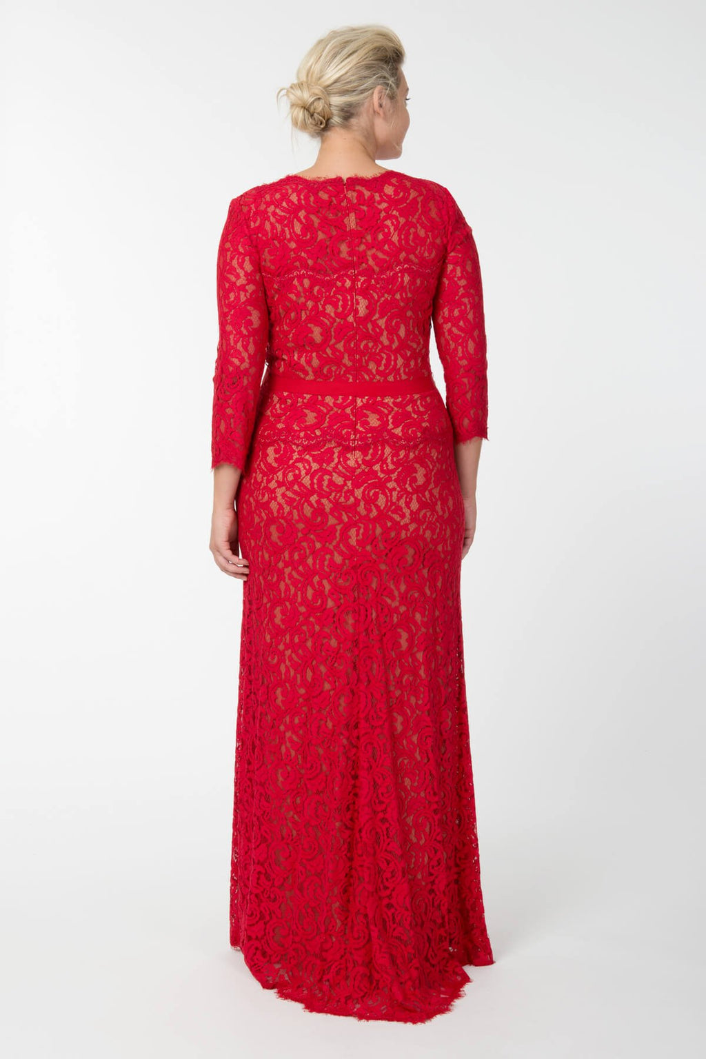 Lace Boatneck ¾ Sleeve Gown with Grosgrain Ribbon Belt