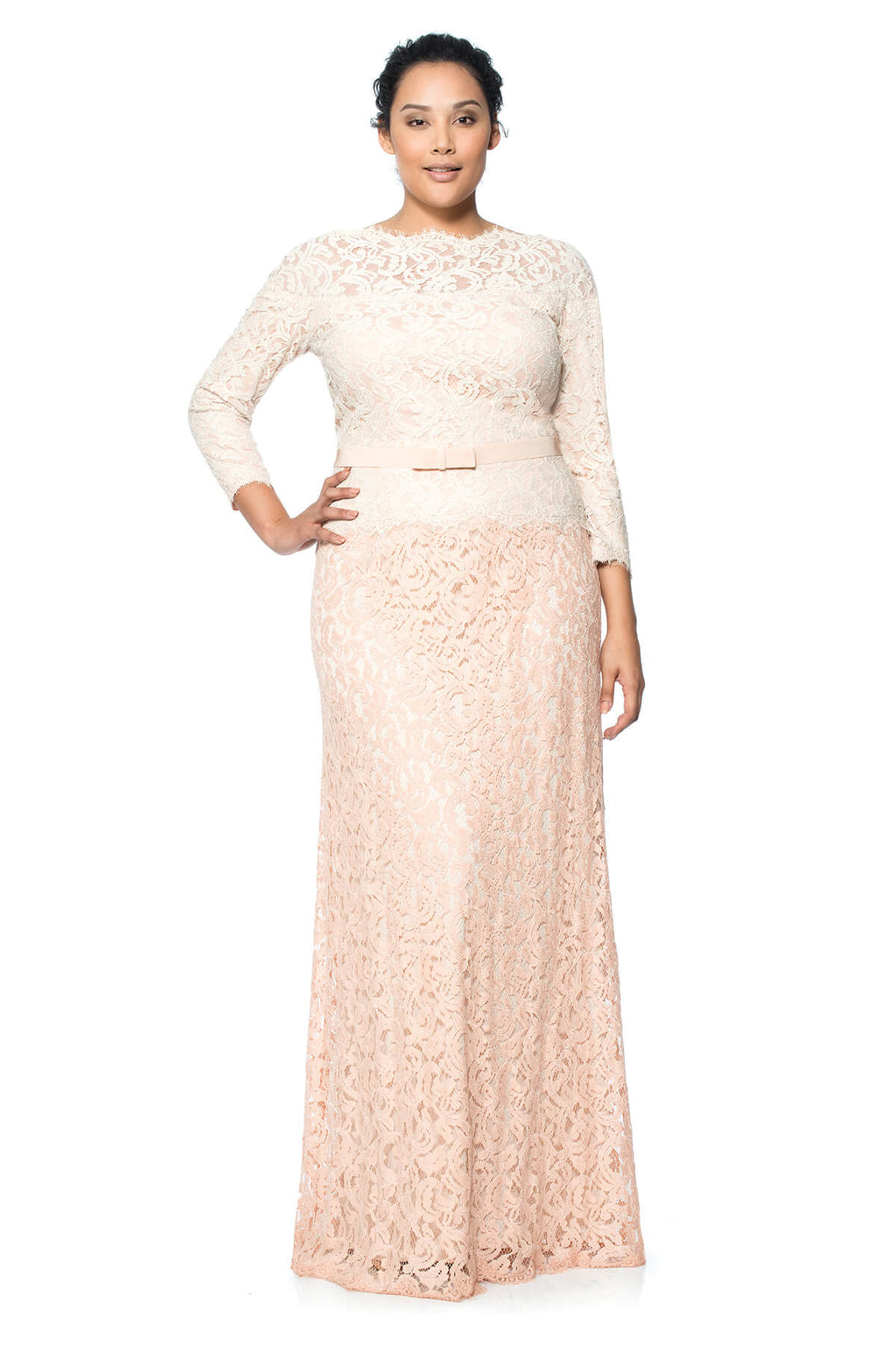 Tadashi Shoji Plus Size - Lace Boatneck 3/4 Sleeve Gown with Grosgrain Ribbon Belt