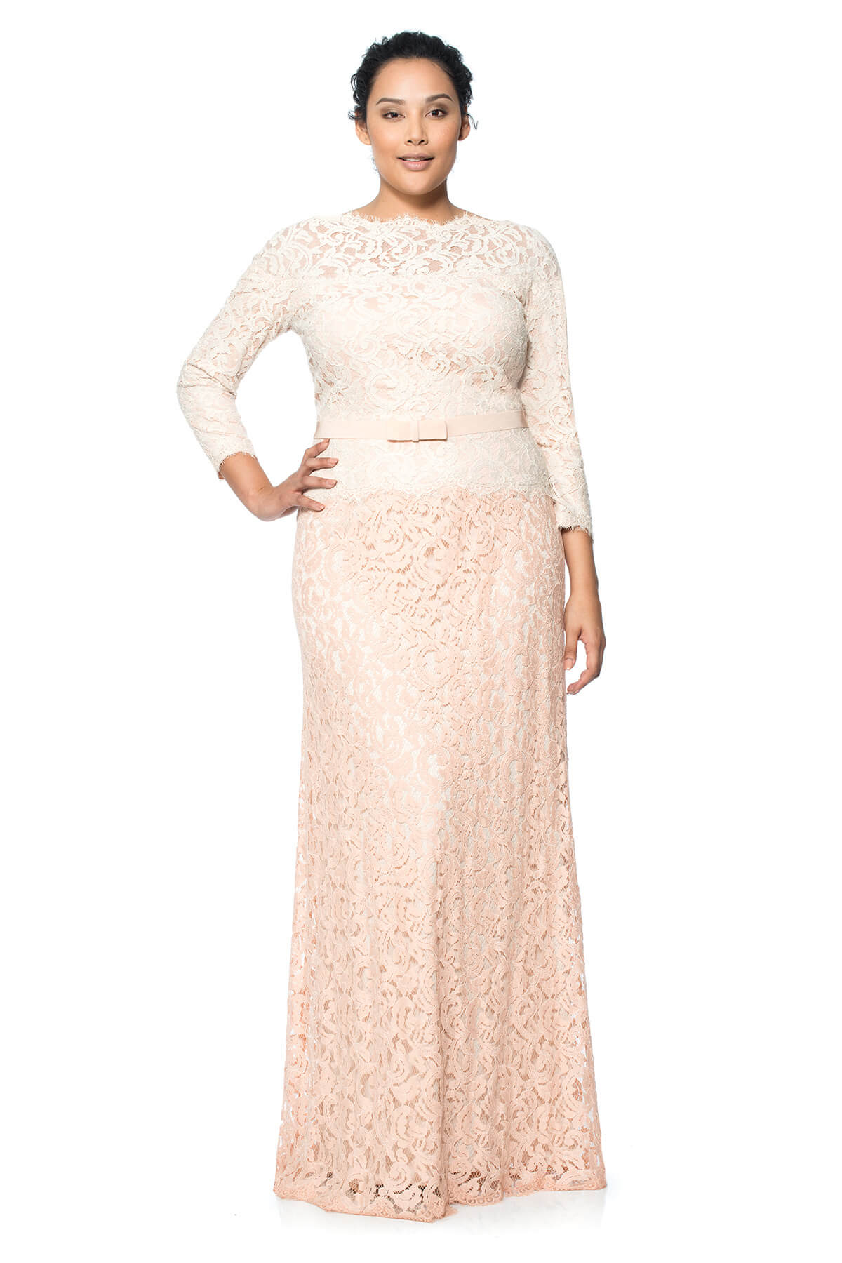 Tadashi Shoji Plus Size - Lace Boatneck 3/4 Sleeve Gown with Grosgrain Ribbon Belt