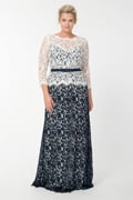 Amberly Belted Lace ¾ Sleeve Gown in Navy / Ivory