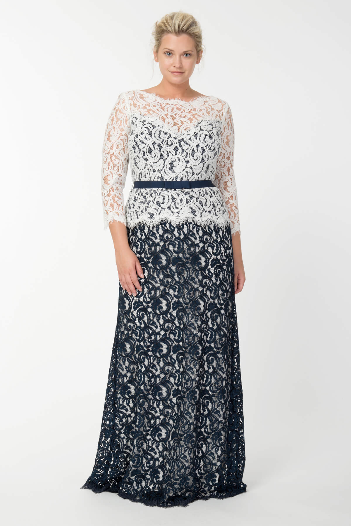 Amberly Belted Lace Sleeve Gown in Navy / Ivory Tadashi Shoji Official Online Boutique Amberly Belted Lace Sleeve Gown in Navy / Ivory Tadashi Shoji Official Online Boutique