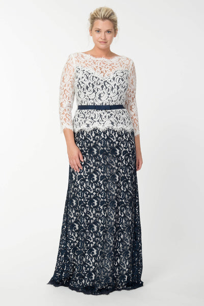 Amberly Belted Lace ¾ Sleeve Gown in Navy / Ivory – Tadashi Shoji