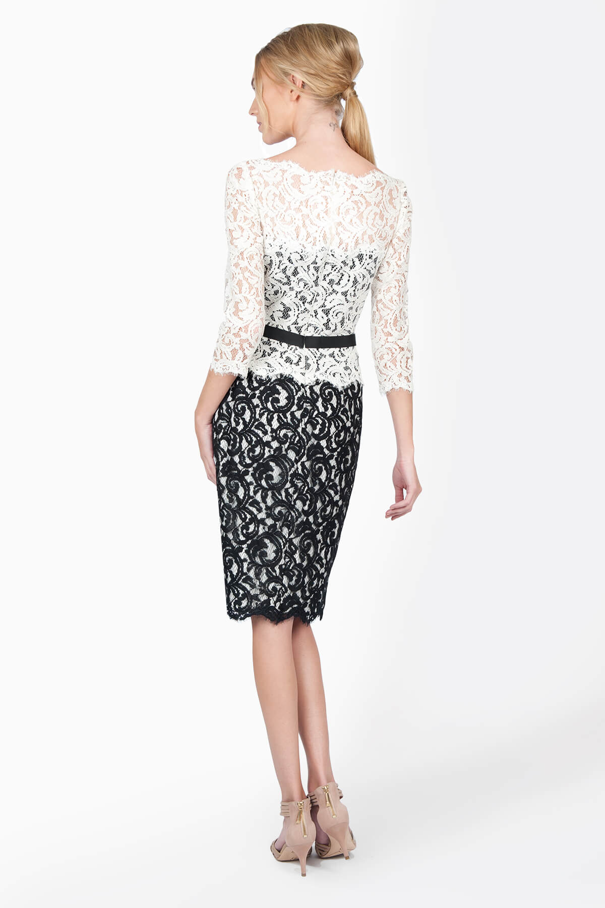 Lace ¾ Sleeve Dress with Grosgrain Ribbon Sash in Ivory / Black