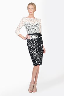 Lace ¾ Sleeve Dress with Grosgrain Ribbon Sash in Ivory / Black
