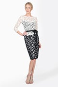 Lace ¾ Sleeve Dress with Grosgrain Ribbon Sash in Ivory / Black