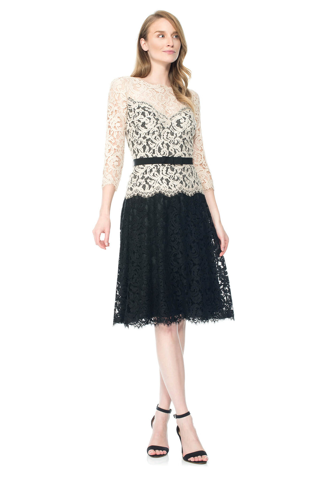 Tadashi Shoji - Illusion Lace 3/4 Sleeve A-Line Dress