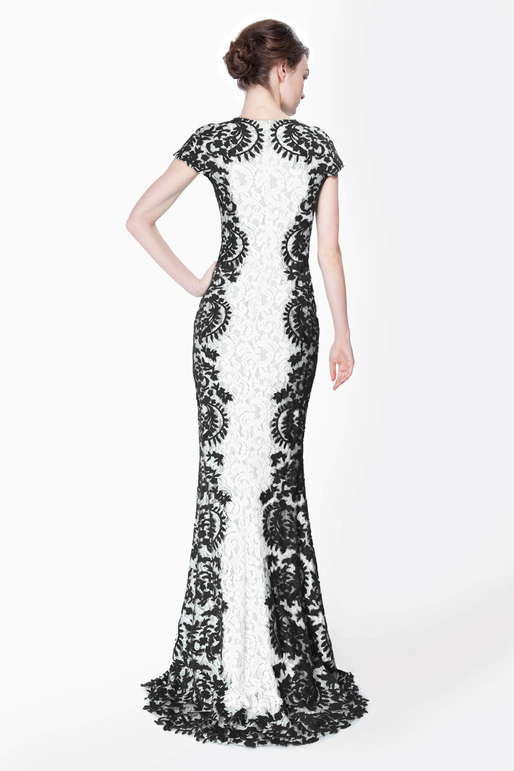 Contrast Lace Cap Sleeve Gown in Black / Ivory