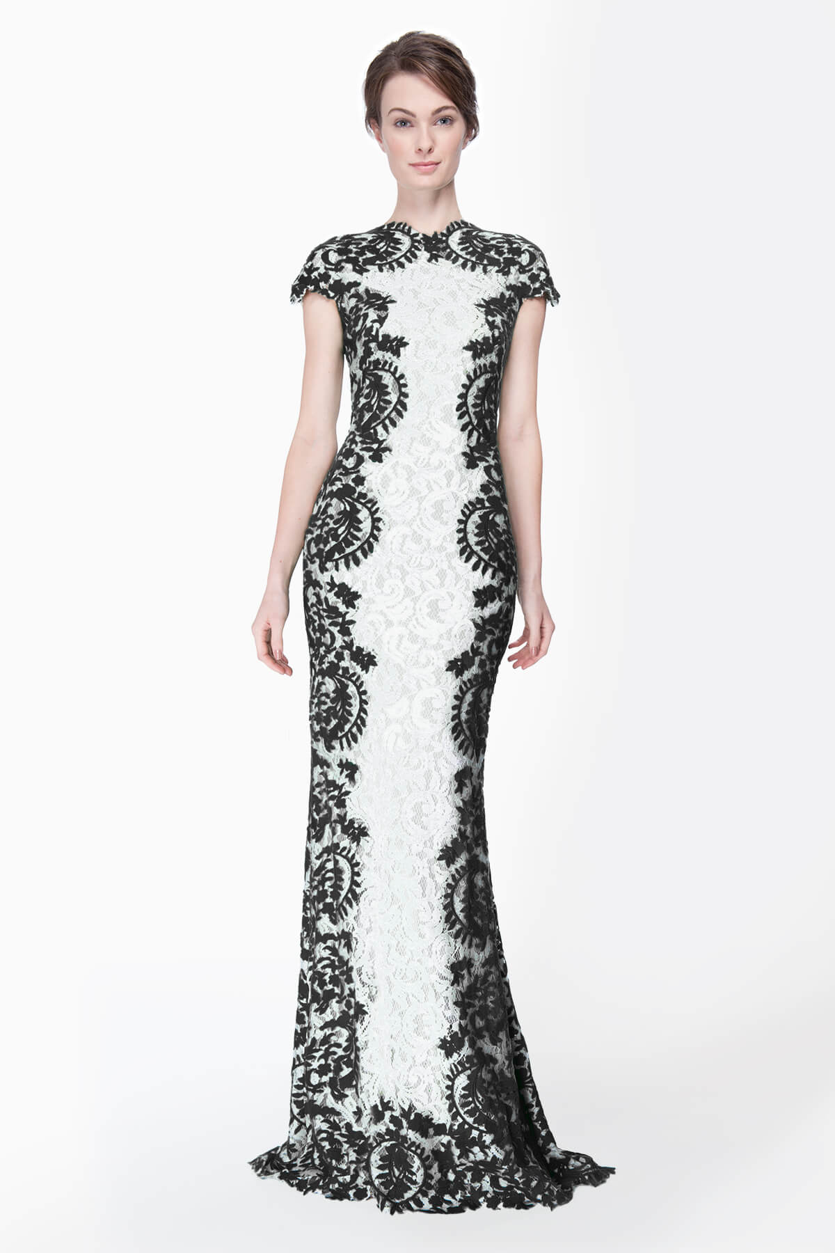 Contrast Lace Cap Sleeve Gown in Black / Ivory