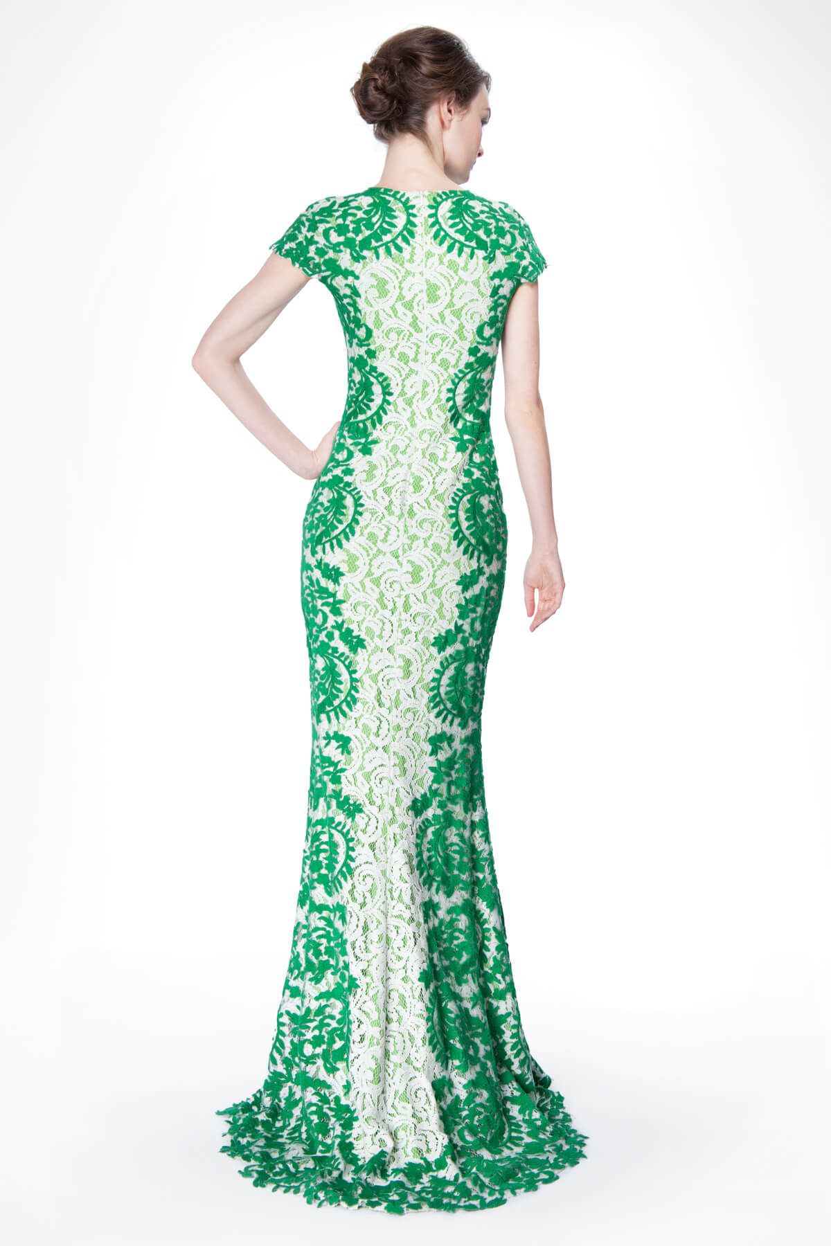 Contrast Lace Cap Sleeve Gown in Green Leaf / Ivory