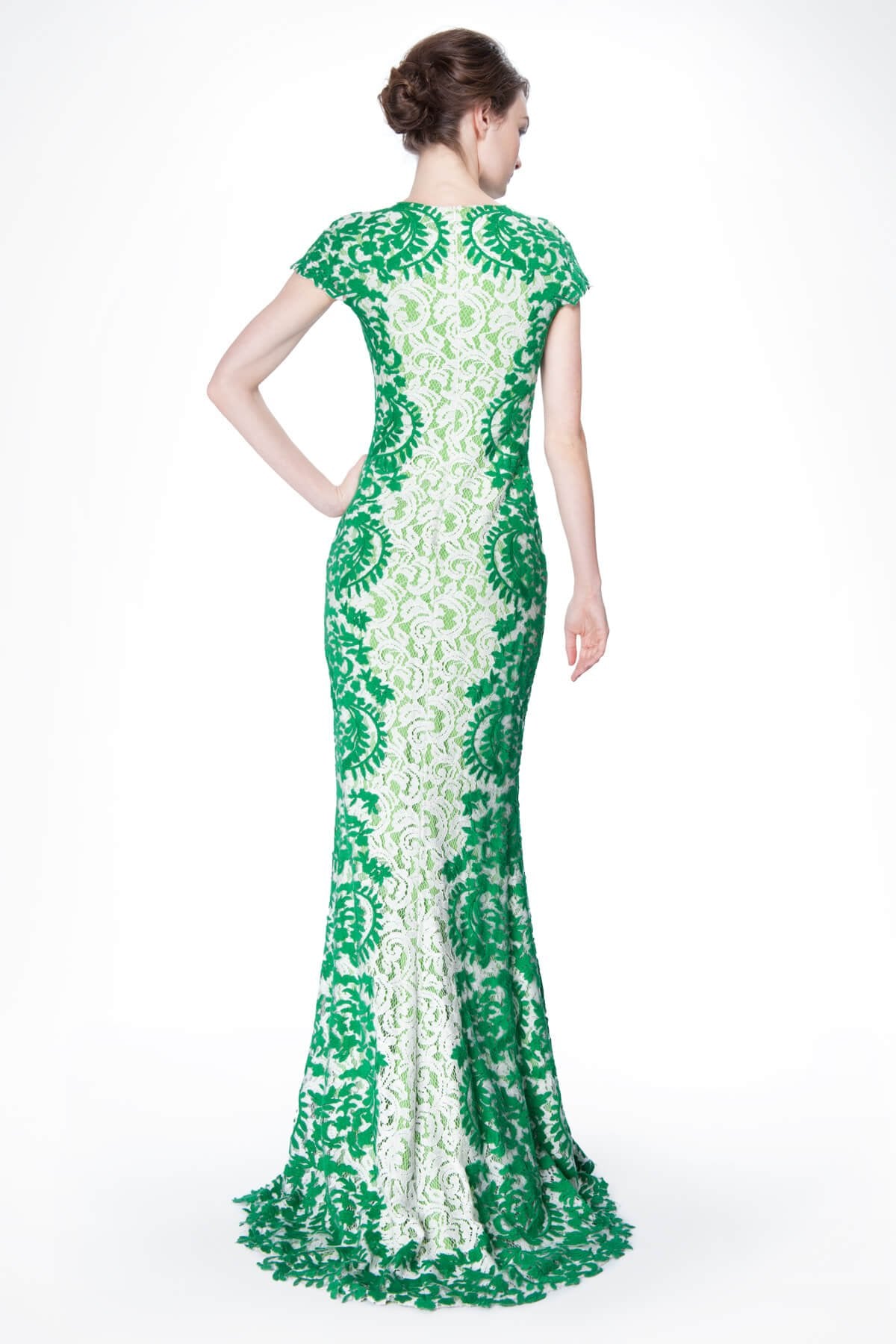 Contrast Lace Cap Sleeve Gown in Green Leaf / Ivory