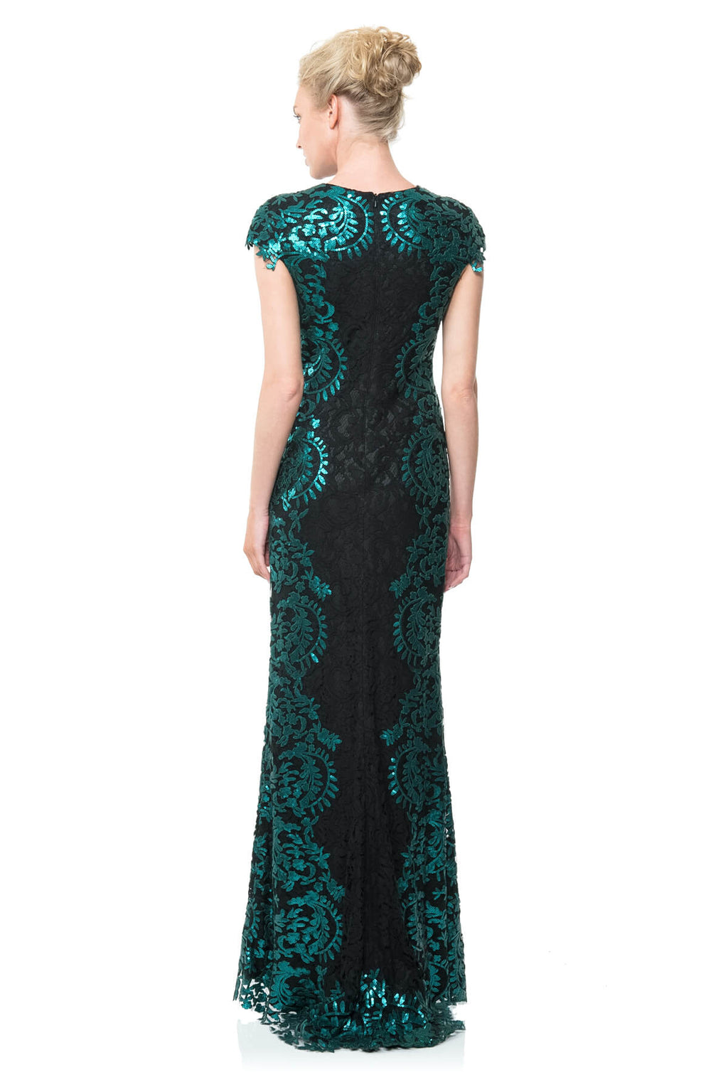 Contrast Paillette Embroidered Lace Panel Gown
