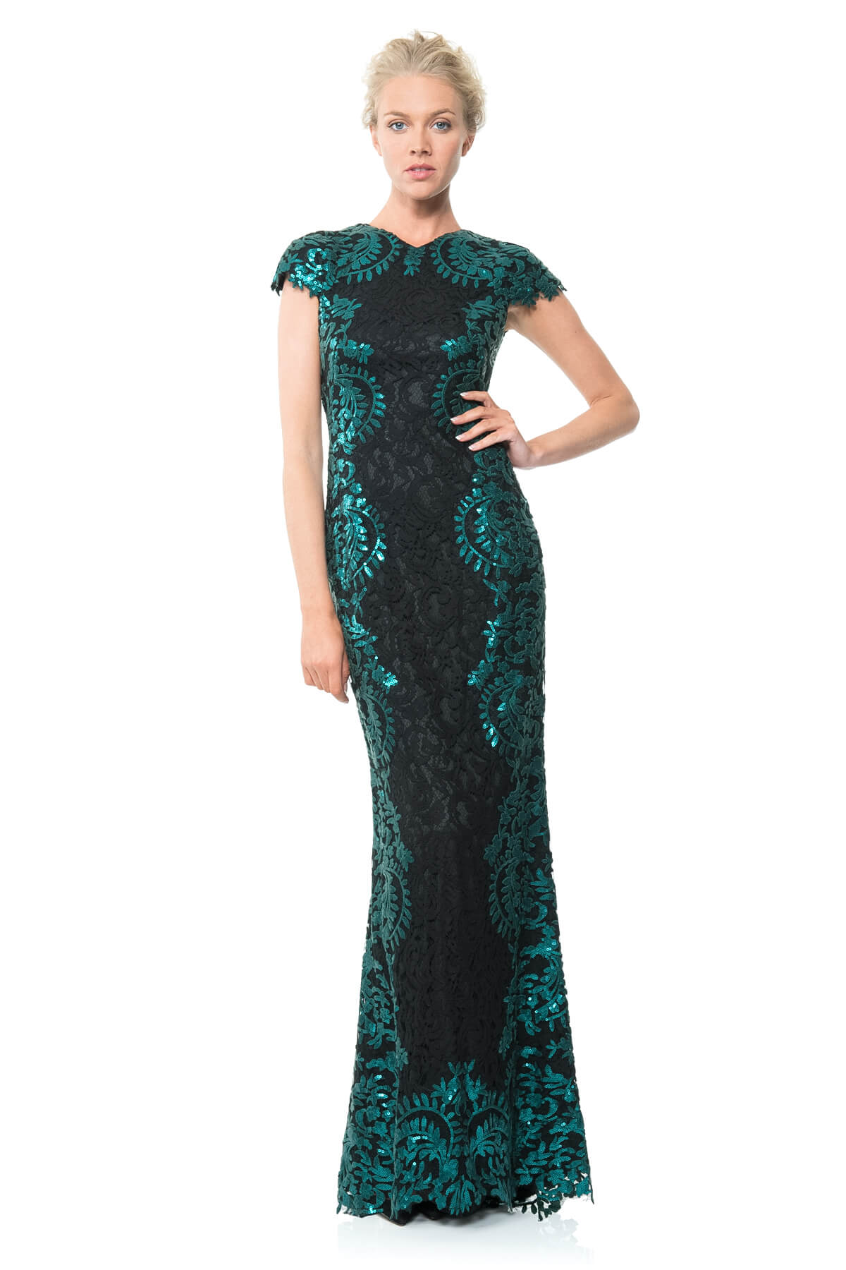 Contrast Paillette Embroidered Lace Panel Gown