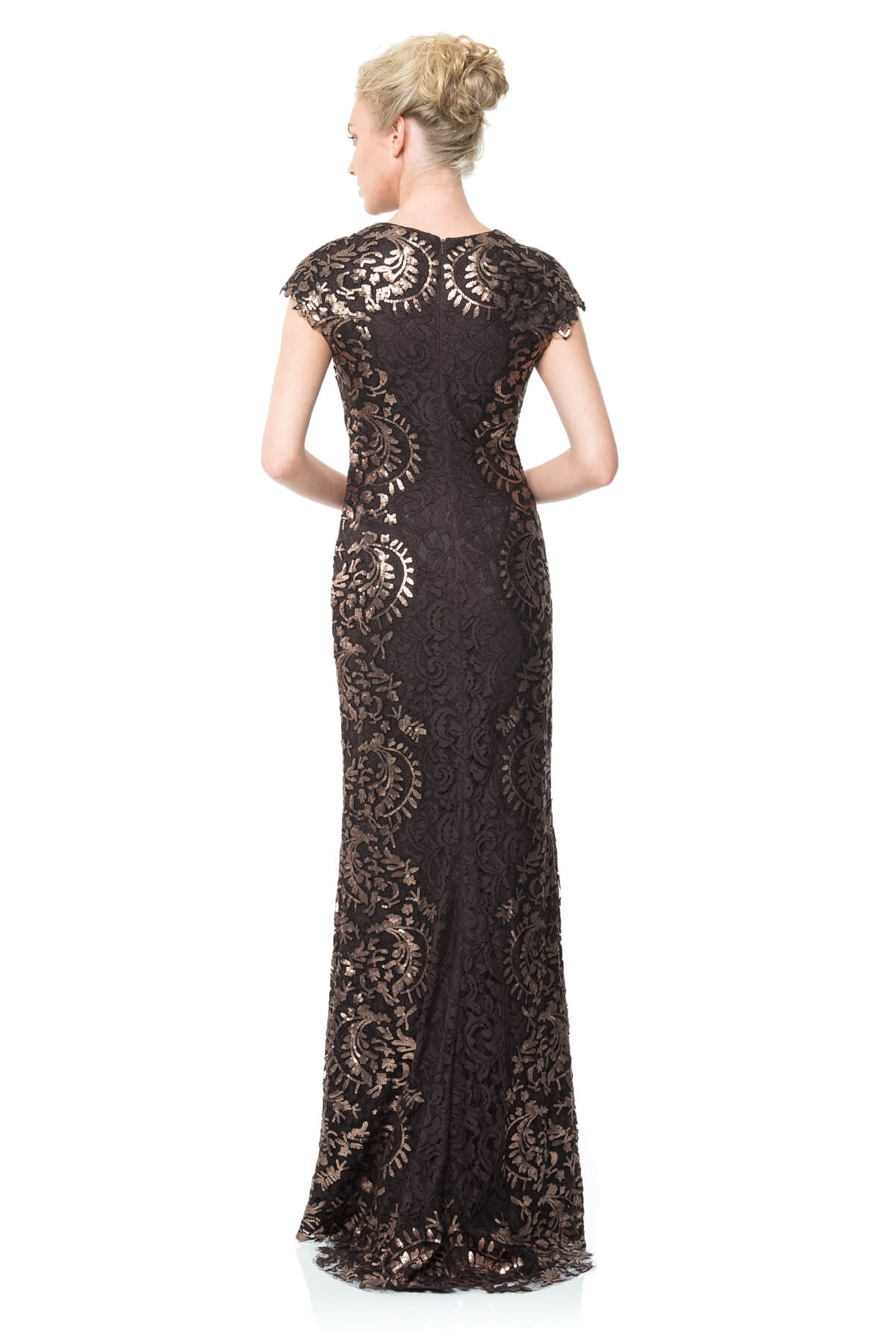 Contrast Paillette Embroidered Lace Panel Gown