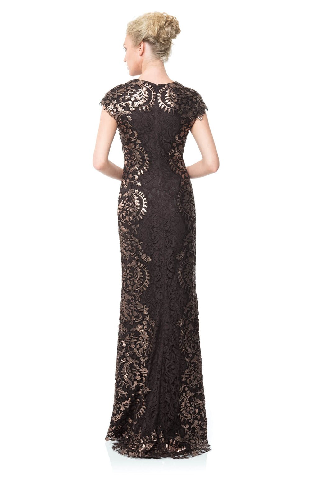 Contrast Paillette Embroidered Lace Panel Gown