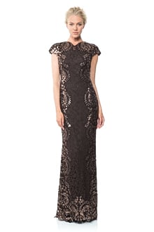 Contrast Paillette Embroidered Lace Panel Gown