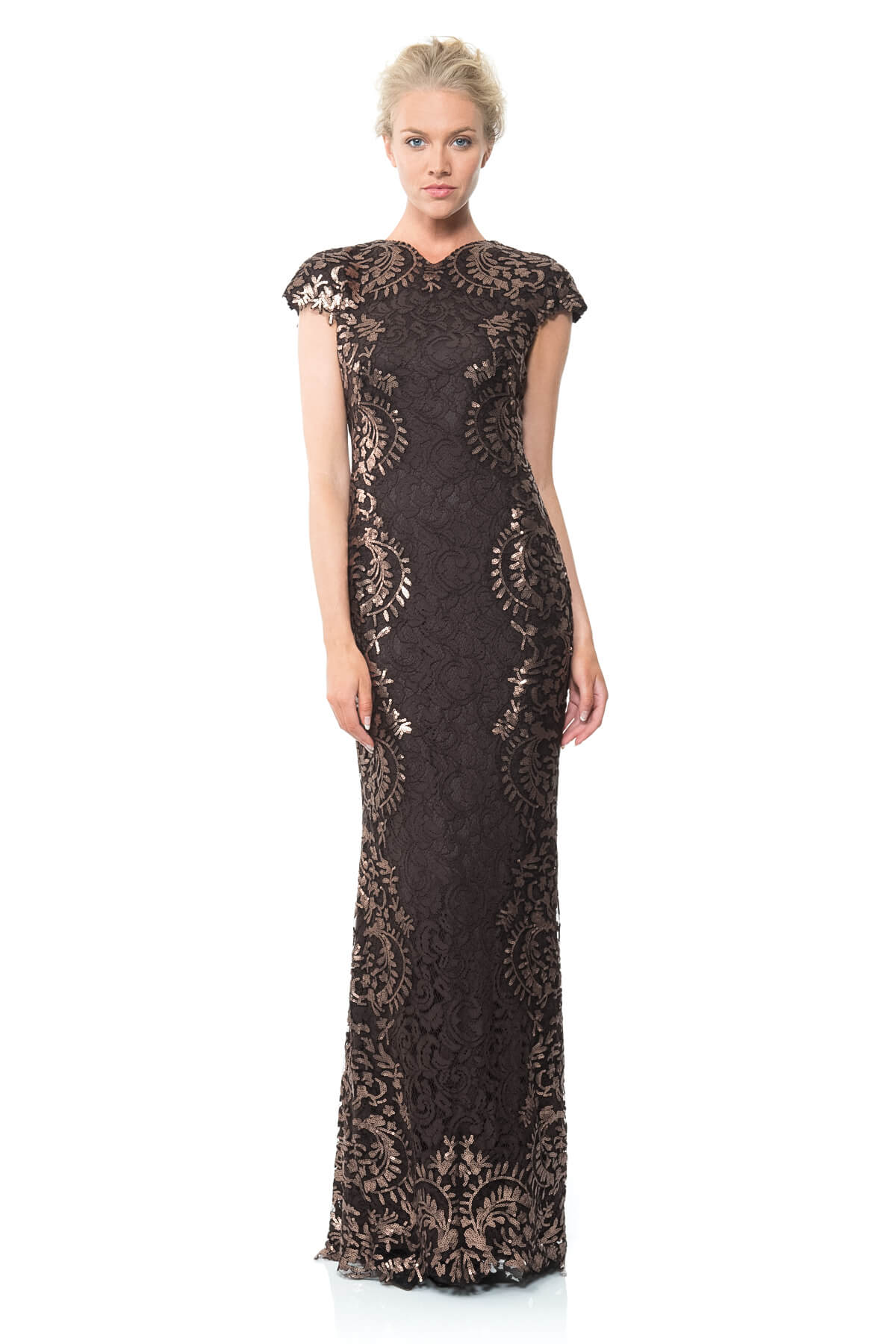 Contrast Paillette Embroidered Lace Panel Gown