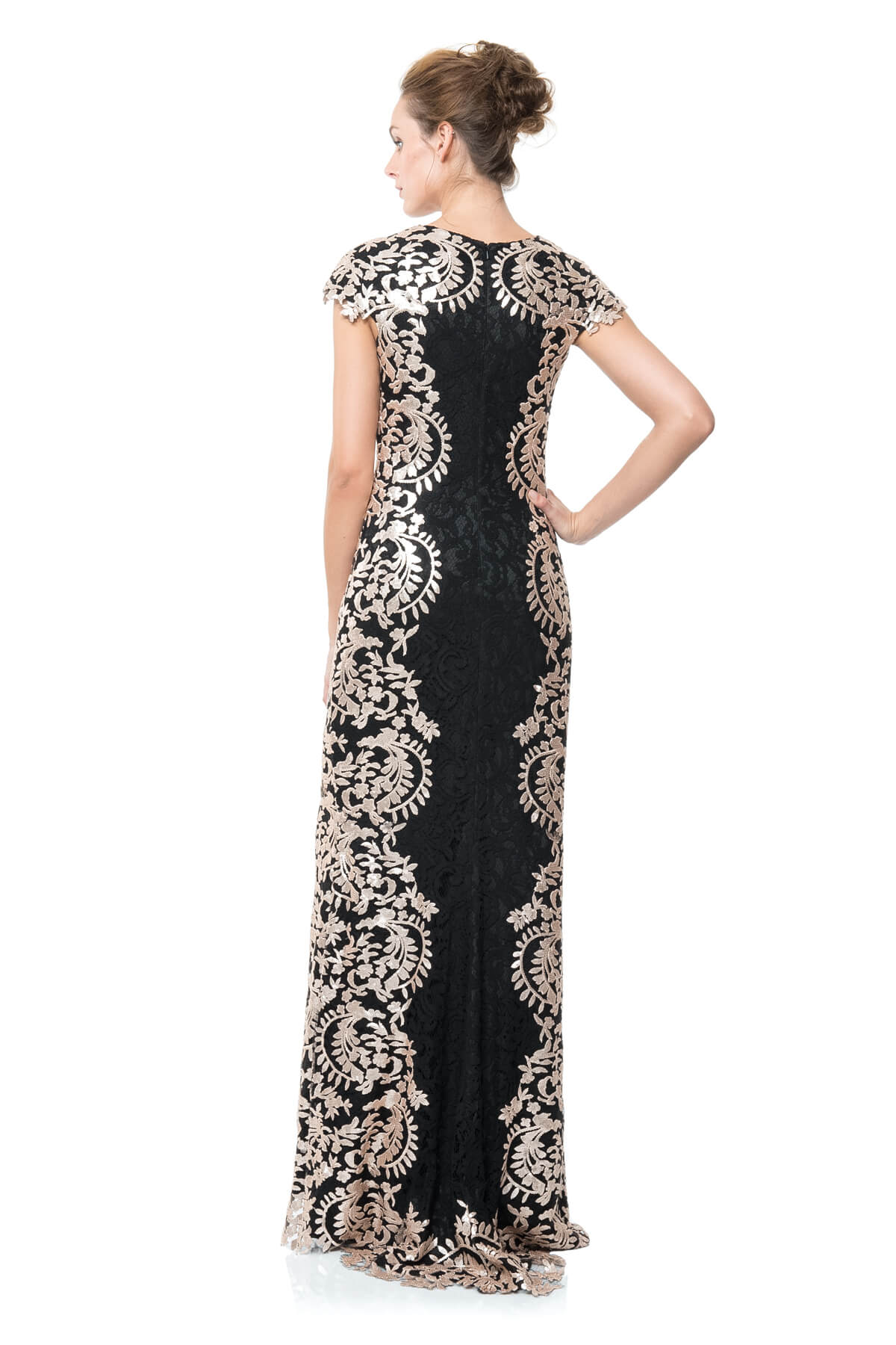 Contrast Paillette Embroidered Lace Panel Gown