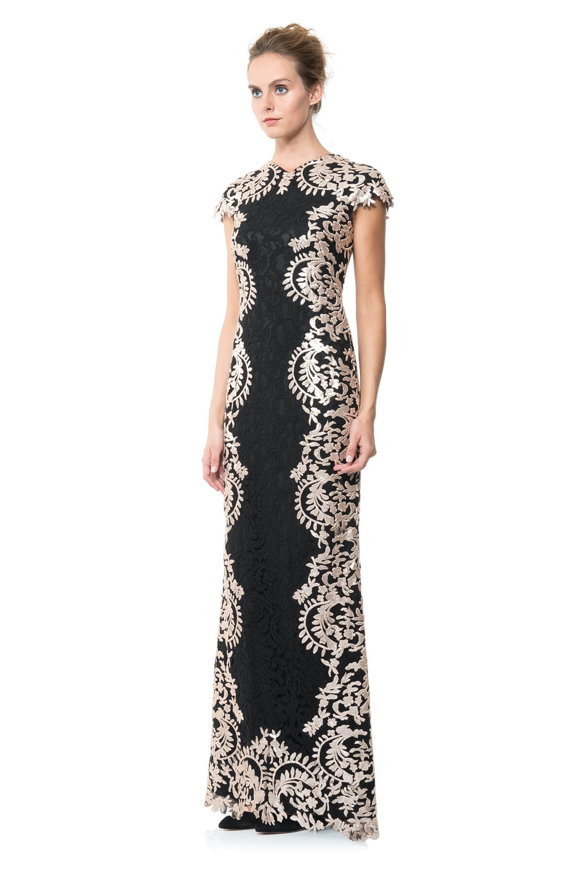 Contrast Paillette Embroidered Lace Panel Gown
