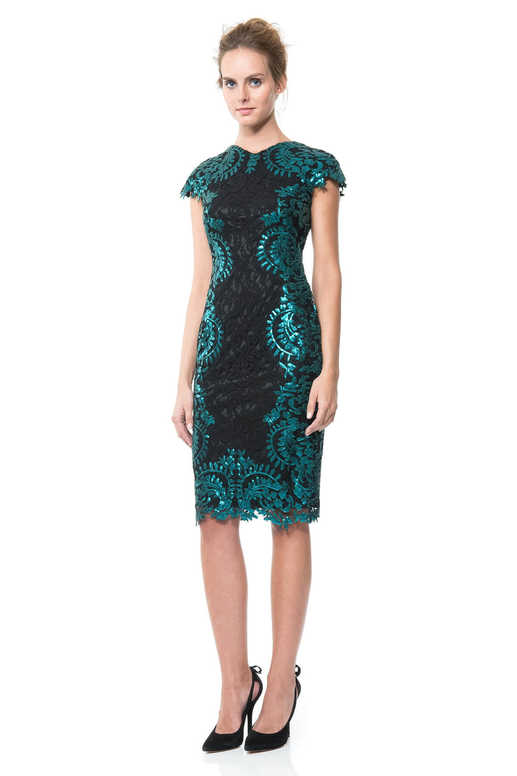 Contrast Paillette Embroidered Lace Panel Dress