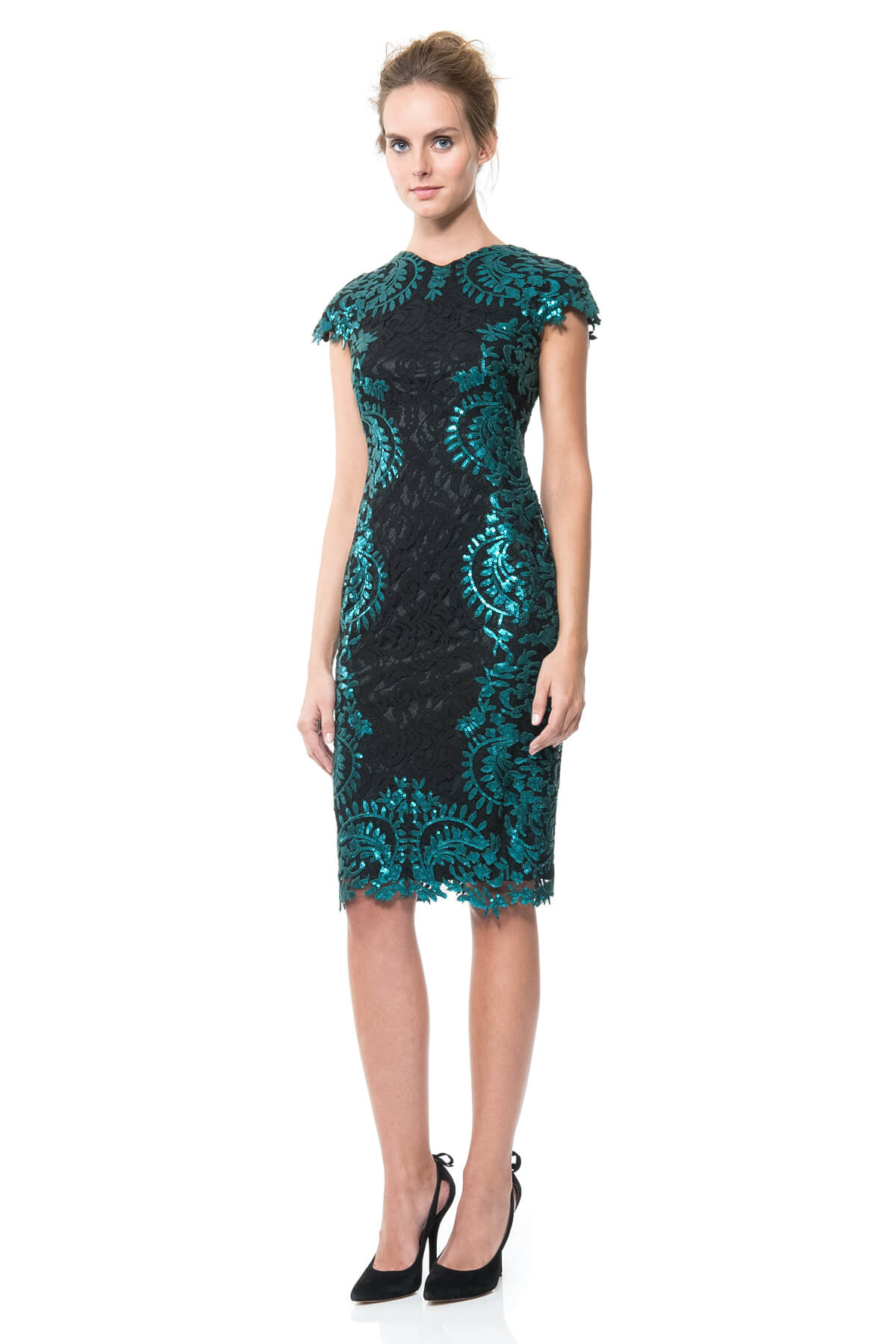 Contrast Paillette Embroidered Lace Panel Dress