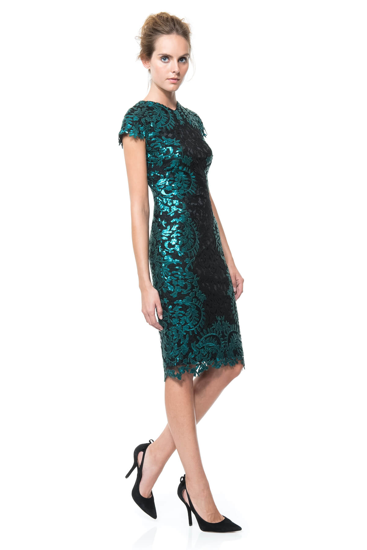 Contrast Paillette Embroidered Lace Panel Dress