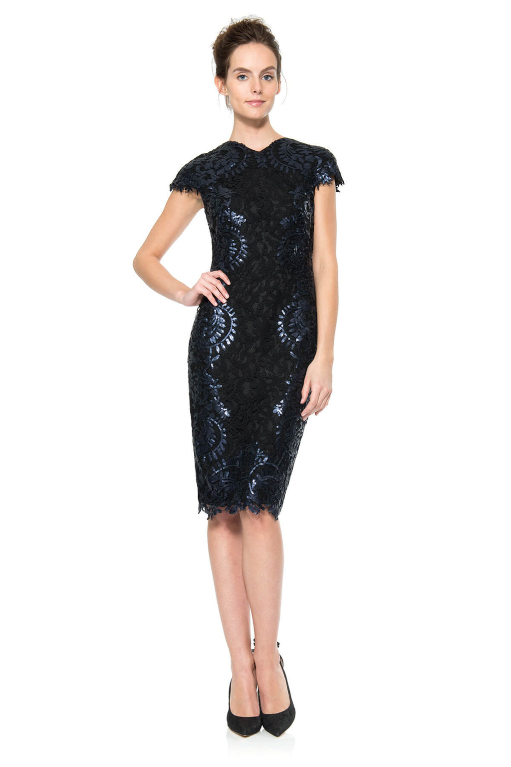 Contrast Paillette Embroidered Lace Panel Dress