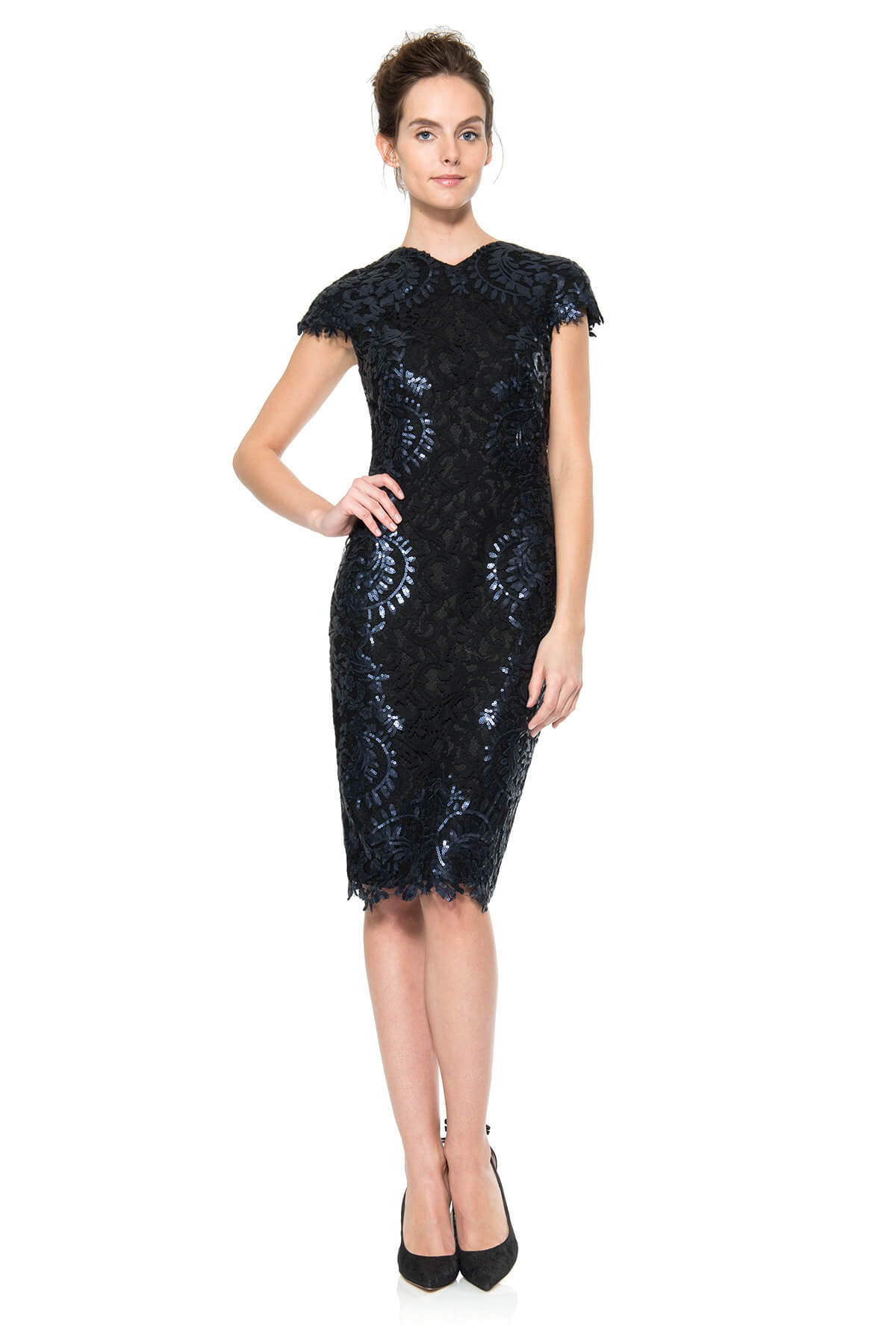 Contrast Paillette Embroidered Lace Panel Dress