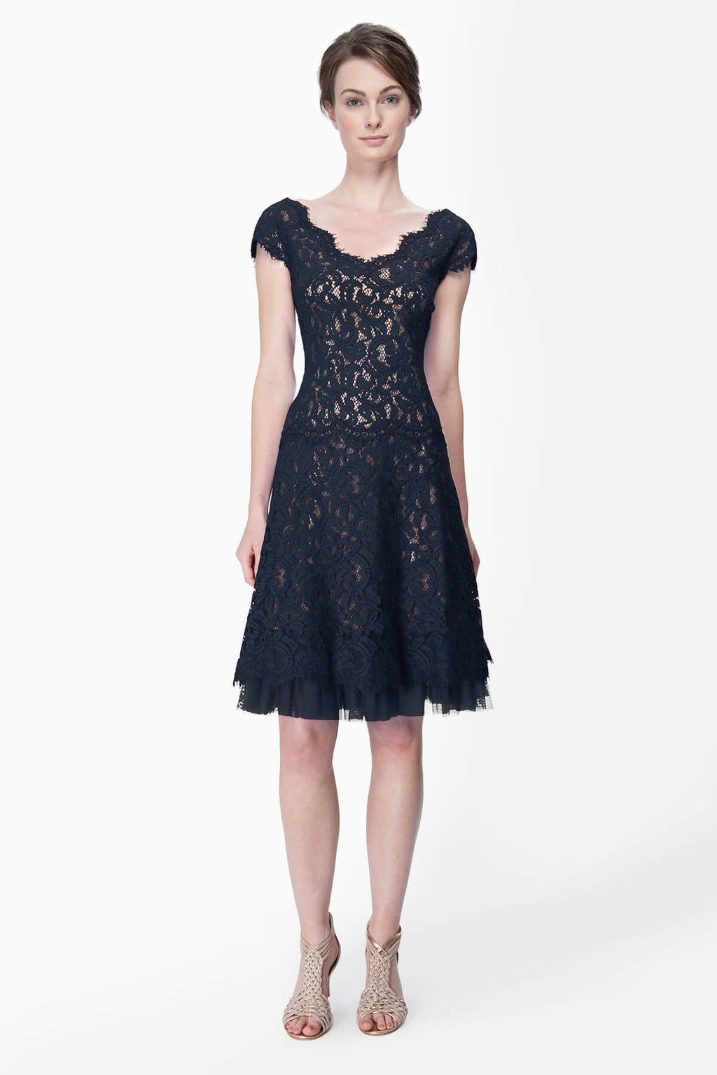 Lace Cap Sleeve Dress in Navy / Nude
