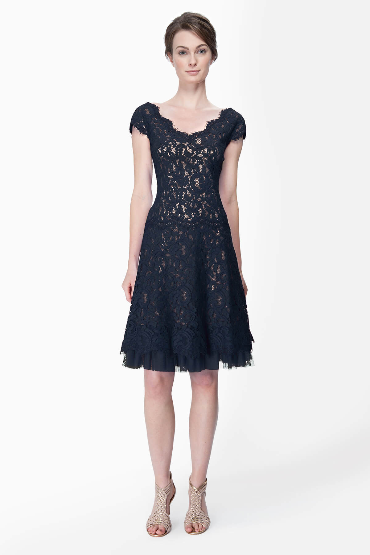 Lace Cap Sleeve Dress in Navy / Nude