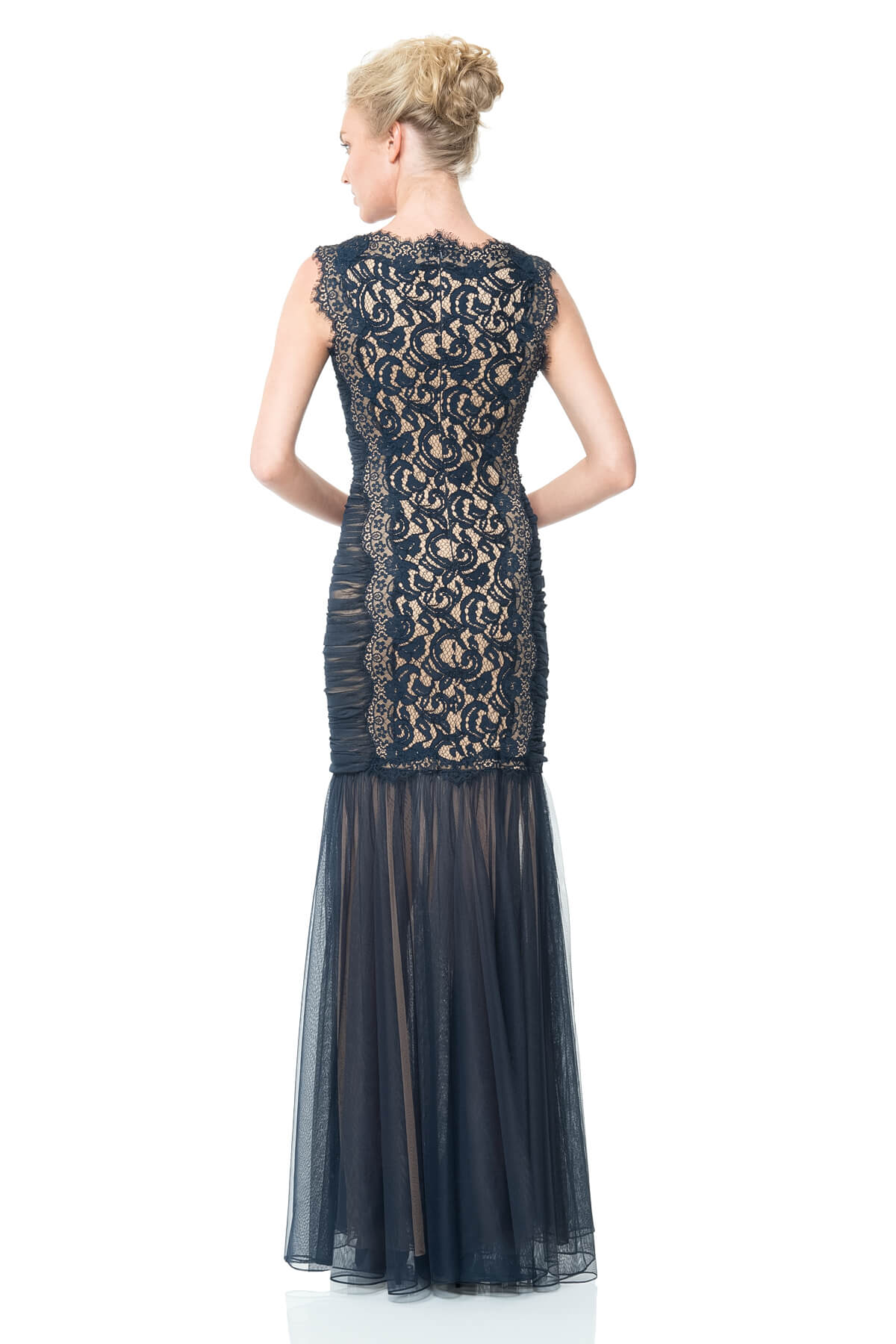 Lace and Tulle Side Panel Ruched Gown in Navy / Nude