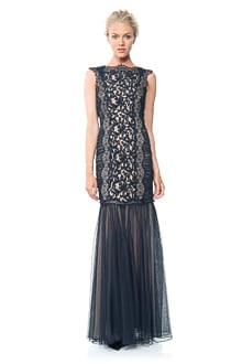 Lace and Tulle Side Panel Ruched Gown in Navy / Nude