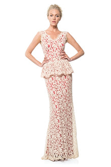 Contrast Lace Peplum Gown in Jute / Flame