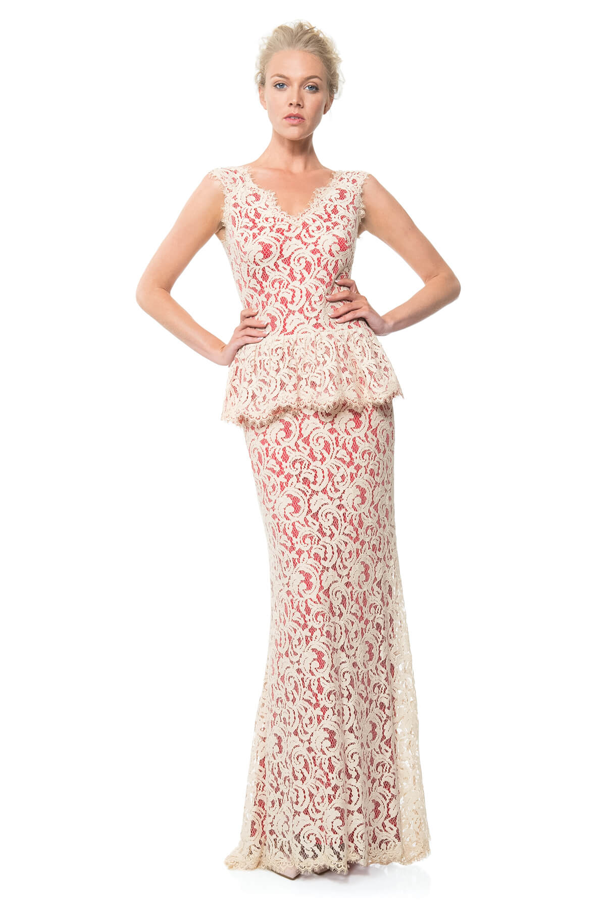Contrast Lace Peplum Gown in Jute / Flame