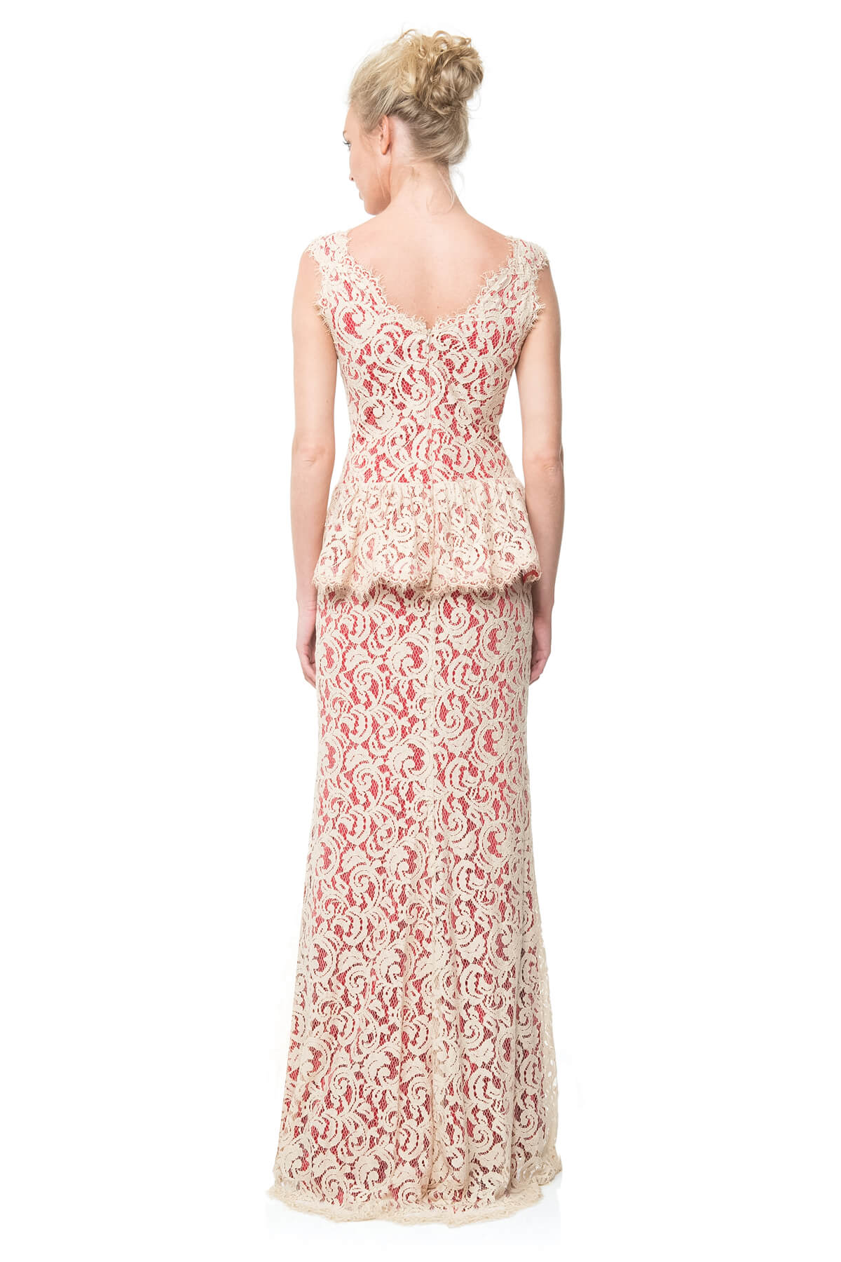 Contrast Lace Peplum Gown in Jute / Flame