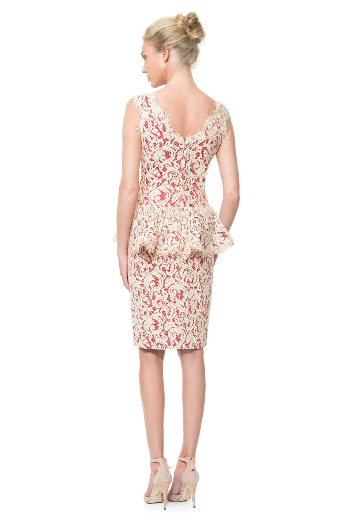 Contrast Lace Peplum Dress in Jute / Flame