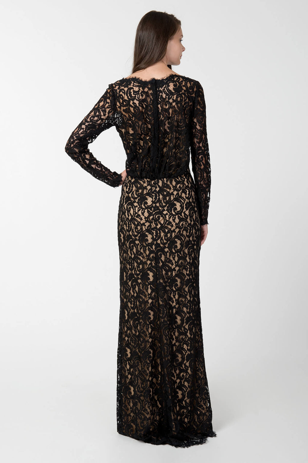 Blouson Back Lace Long Sleeve Gown in Black / Nude