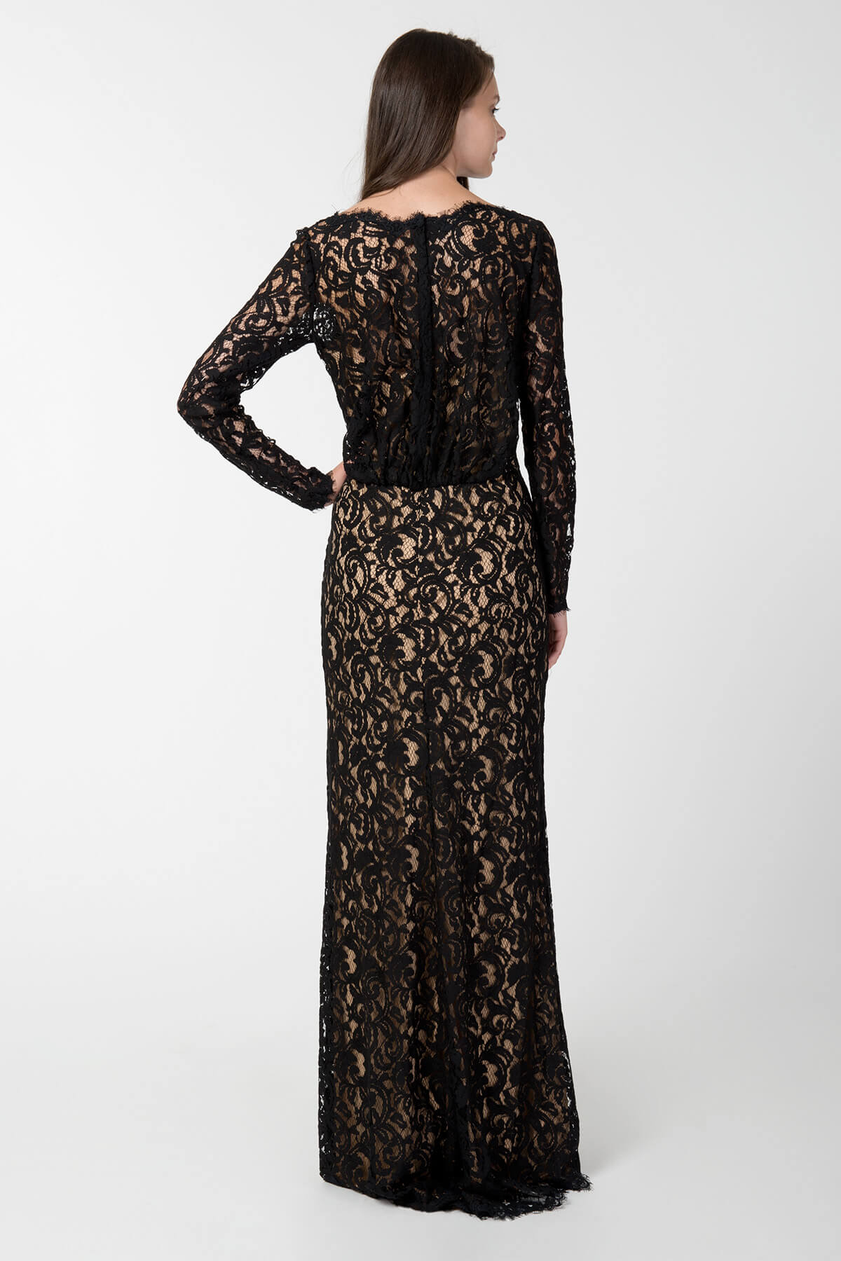 Blouson Back Lace Long Sleeve Gown in Black / Nude