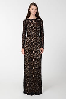 Blouson Back Lace Long Sleeve Gown in Black / Nude
