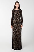 Blouson Back Lace Long Sleeve Gown in Black / Nude