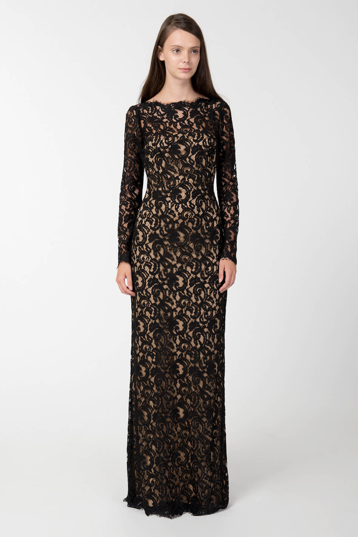 Blouson Back Lace Long Sleeve Gown in Black / Nude